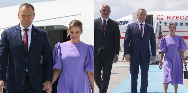 Karol i Marta Nawroccy wylądowali w Turcji. Pierwsza dama postawiła na lawendową kreację (ZDJĘCIA)