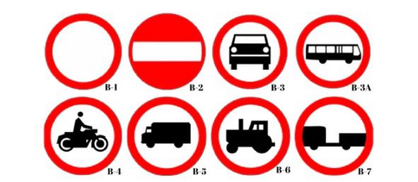 Zakaz ruchu w obu kierunkach (B-1), Zakaz wjazdu (B-2), Zakaz wjazdu pojazdów silnikowych z wyjątkiem motocykli jednośladowych (B-3), Zakaz wjazdu autobusów (B-3A), Zakaz wjazdu motocykli (B-4), Zakaz wjazdu samochodów ciężarowych (B-5), Zakaz wjazdu ciągników rolniczych (B-6), Zakaz wjazdu pojazdów silnikowych z przyczepą (B-7).
