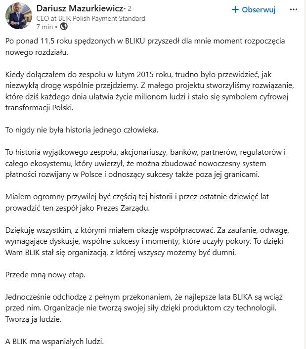 Szef BLIK-a rezygnuje po 9 latach prezesury