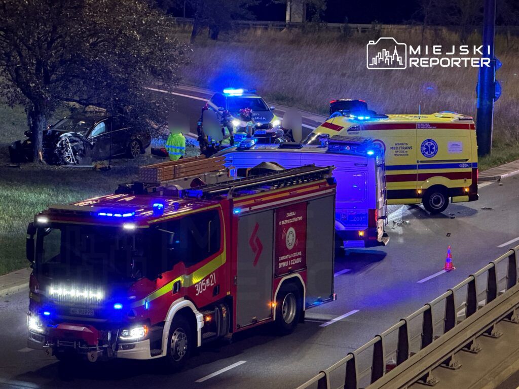 W nocy, na drodze, strażacy i ratownicy medyczni udzielają pomocy poszkodowanym w wypadku samochodowym.