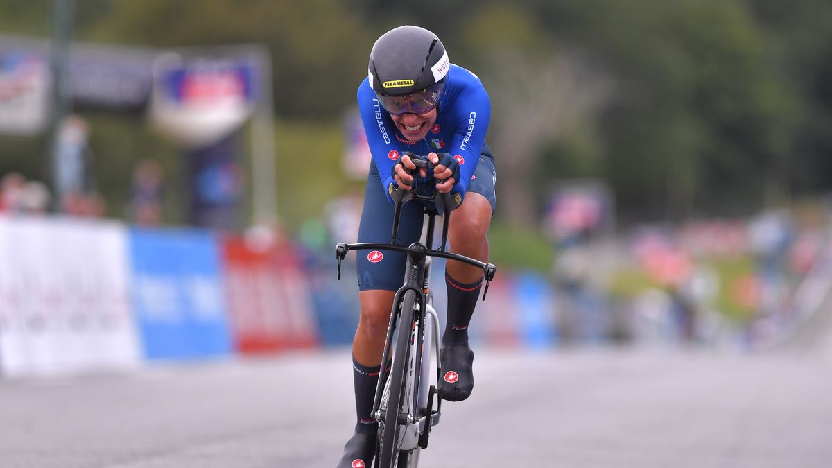 PLOUAY, FRANCE - AUGUST 24: Arrival / Vittoria Bussi of Italy / during the 26th UEC Road European Championships 2020 - Women's Elite Individual Time Trial a 25,6km race from Plouay to Plouay / ITT / @UEC_cycling / #EuroRoad20 / on August 24, 2020 in Plouay, France. (Photo by Luc Claessen/Getty Images)