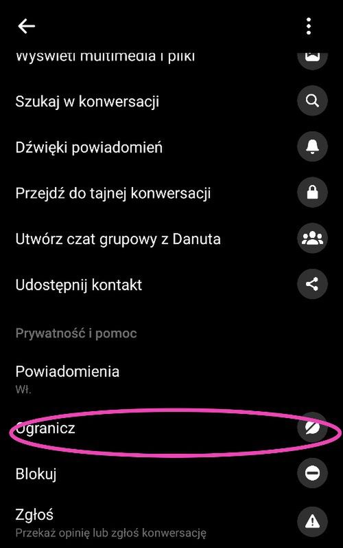 Funkcja ogranicz w ustawieniach aplikacji Messenger