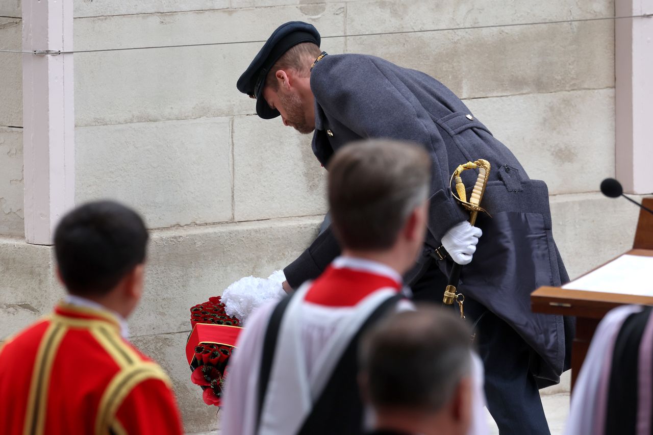 LONDON, ENGLAND - NOVEMBER 10: Prince William, Prince of Wales lays his wreath during the National Service of Remembrance at The Cenotaph on November 10, 2024 in London, England.  Each year members of the British Royal Family join politicians, veterans and members of the public to remember those who have died in combat. (Photo by Chris Jackson/Getty Images)