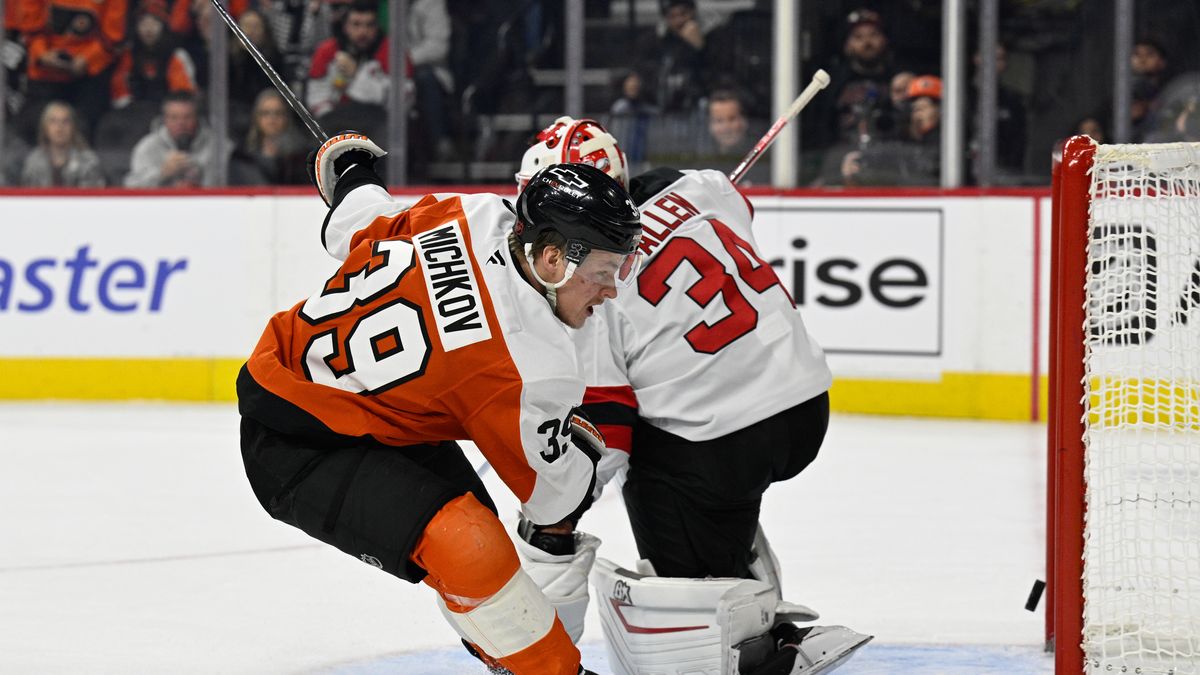 PHILADELPHIA , PA - NOVEMBER 22: Philadelphia Flyers right wing Matvei Michkov #39 scores a goal during the game between the Philadelphia Flyers and the New Jersey Devils on November 22nd, 2025 at the Xfinity Mobile Arena in Philadelphia, PA. (Photo by Terence Lewis/Icon Sportswire via Getty Images)