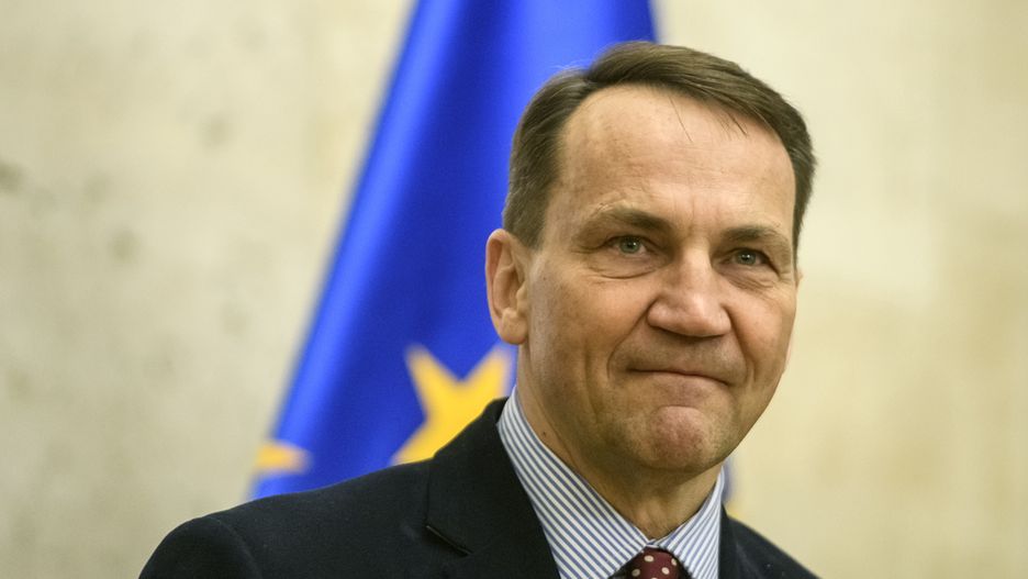 Polish Foreign Minister Radoslaw Sikorski is speaking during a briefing at the Polish Embassy in Kyiv, Ukraine, on December 22, 2023. (Photo by Maxym Marusenko/NurPhoto via Getty Images)
