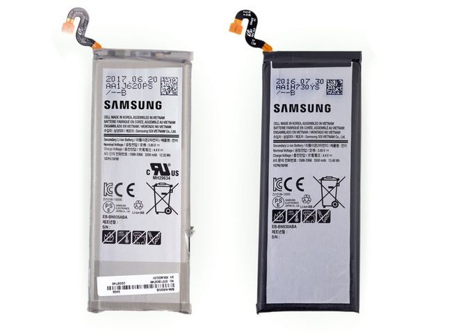 Przedstawienie baterii z modeli Galaxy Note 8 (z lewej) i Galaxy Note Fan Edition (z prawej)