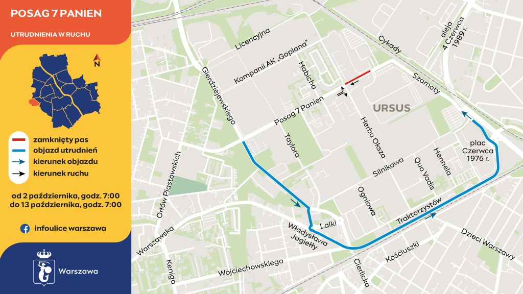 Infografika przedstawia objazd odcinka ulicy Posag 7 Panien, gdzie został wprowadzony ruch jednokierunkowy.