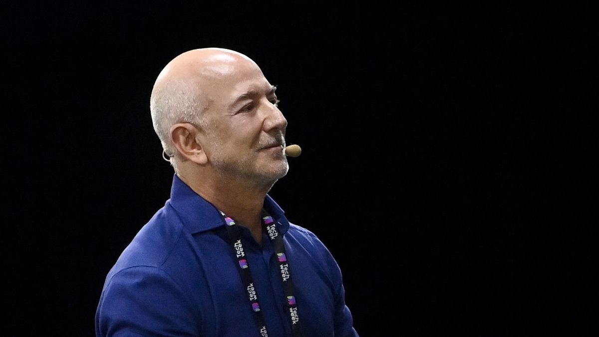 TURIN, ITALY - OCTOBER 3: Jeff Bezos Amazon's founder speaks with John Elkann Stellantis' Chairman on stage during the Italian Tech Week 2025 at OGR Officina Grandi Riparazioni on October 3, 2025 in Turin, Italy. (Photo by Stefano Guidi/Getty Images)