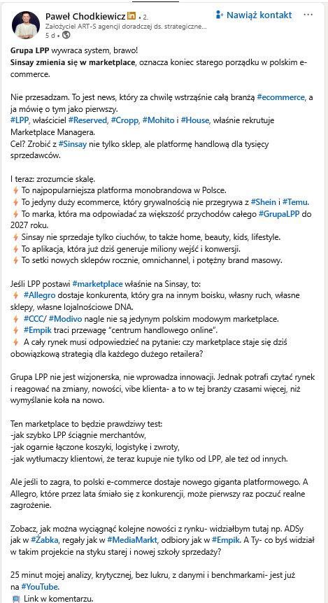 Wpis Pawła Chodkiewicza, LinkedIn