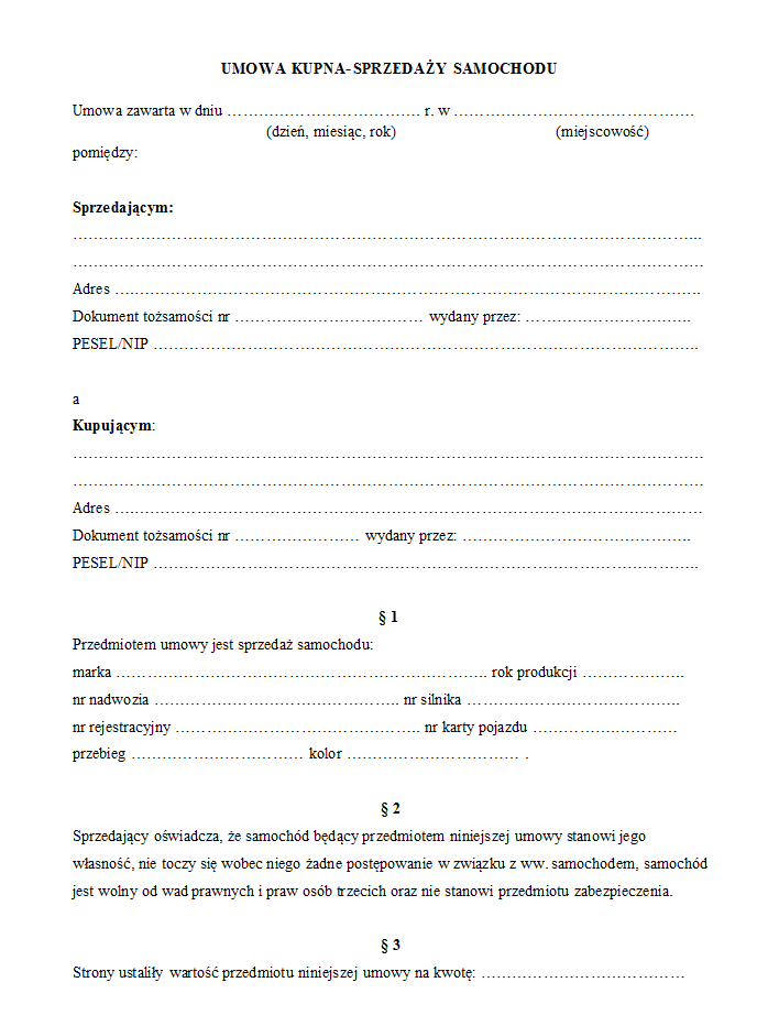 Umowa kupna-sprzedaży samochodu, strona 1 