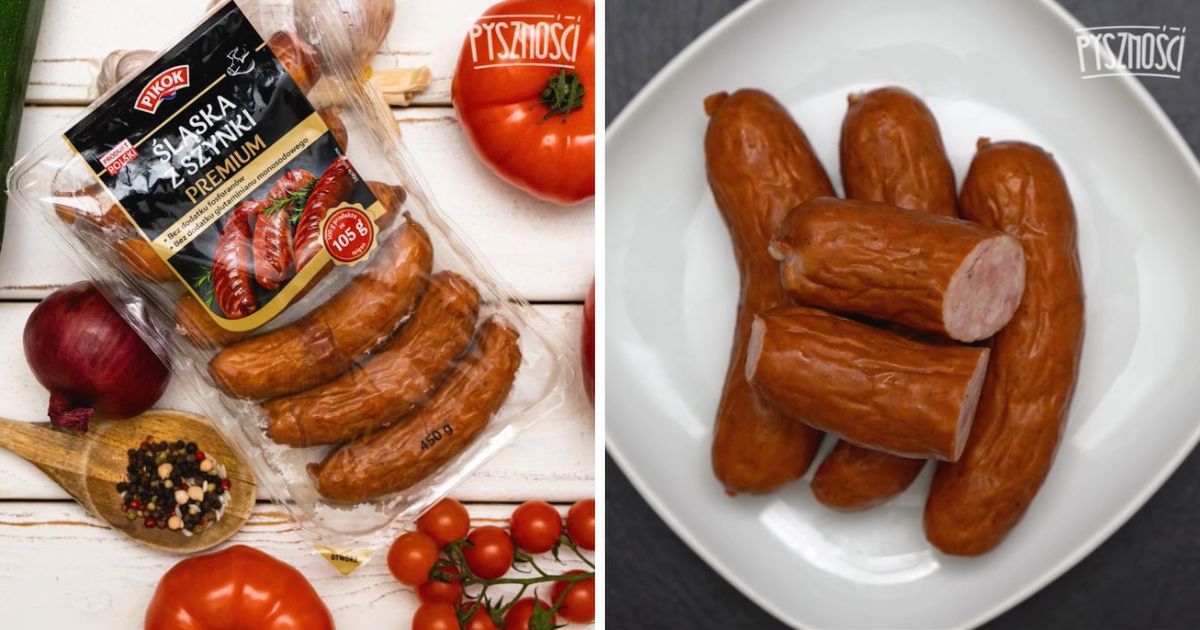 Kiełbaska Pikok w przekroju oraz w opakowaniu