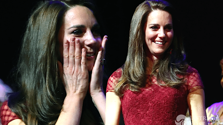 Księżna Kate w ciąży bordowa sukienka