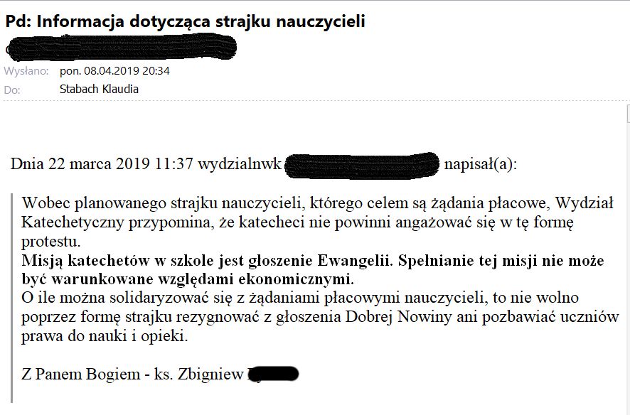 Katechetka dostała maila na początku marca 