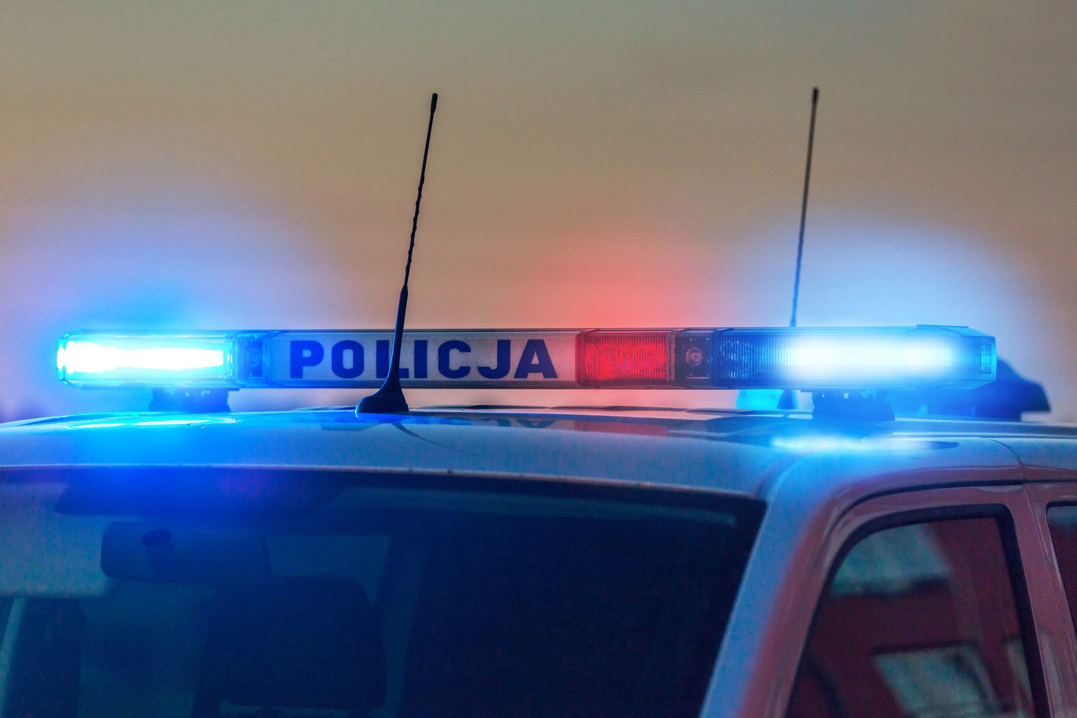 Flashing lights of polish police car (Policja) at dusk