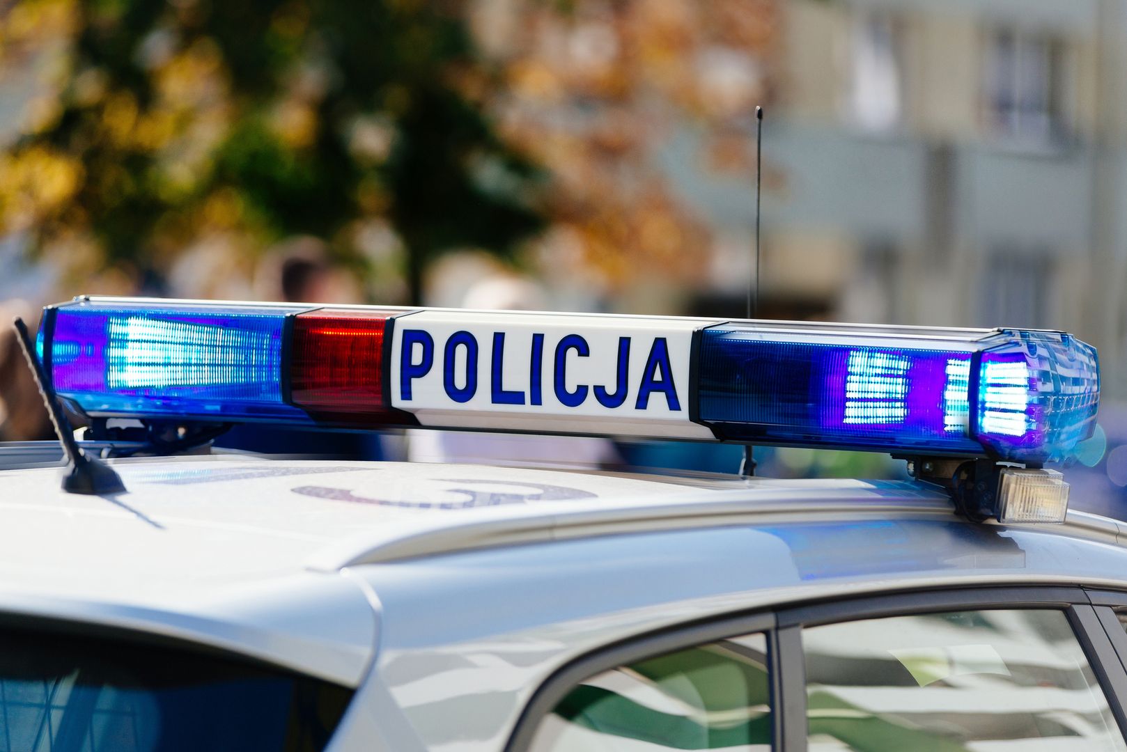 Flashing police blue lights mounted on the roof of Polish police car