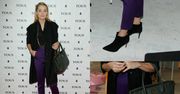 Małgorzata Socha w eleganckich, fioletowych spodniach i wełnianej kamizelce