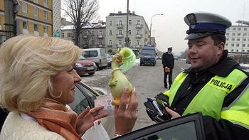Policjant wręcza maskotkę pani, która złamała przepis drogowy