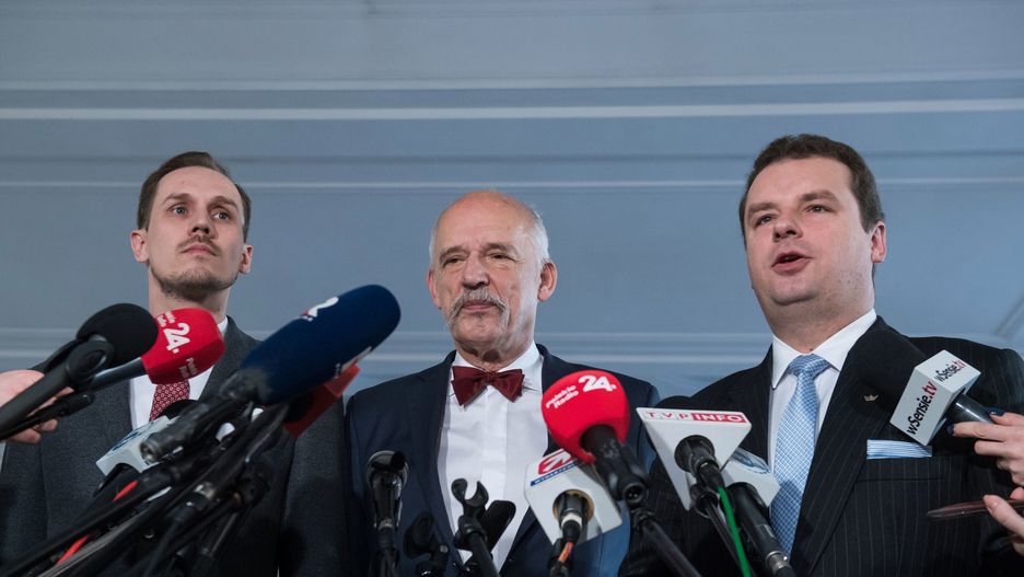 Członkowie Konfederacji. Na zdjęciu (od lewej): Konrad Berkowicz, Janusz Korwin-Mikke oraz Jacek Wilk 