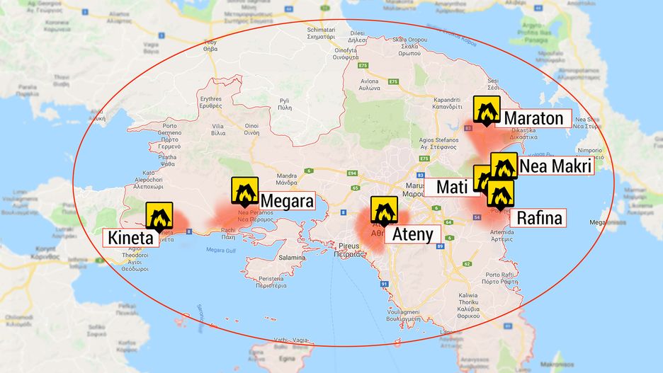 Miasta dotknięte pożarem w Grecji