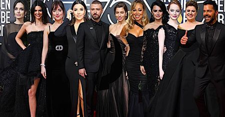 Złote Globy 2018. Gwiazdy w czarnych kreacjach na czerwonym dywanie: Angelina Jolie, Kendall Jenner, Dakota Johnson, Justin Timberlake, Mariah Carey [DUŻO ZDJĘĆ]