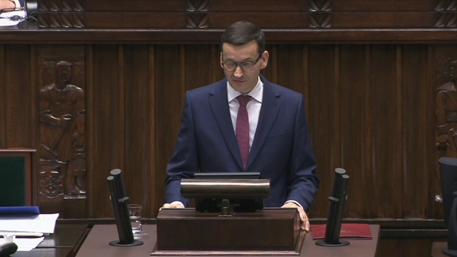 Opozycja wytrzymała zaledwie kilka minut przemówienia Morawieckiego. Z sali słychać było krzyki opozycji "Wałęsa".