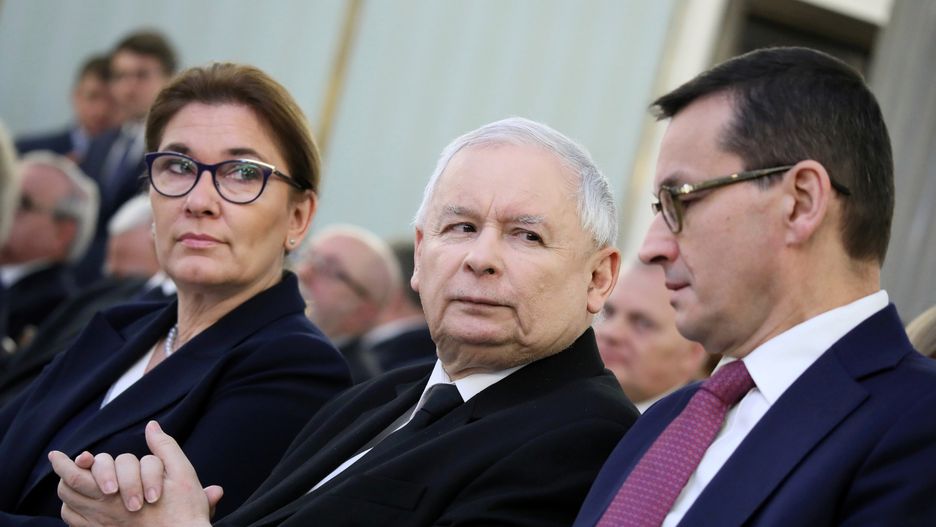 Rzecznik PiS Beata Mazurek, prezes Jarosław Kaczyński i premier Mateusz Morawiecki