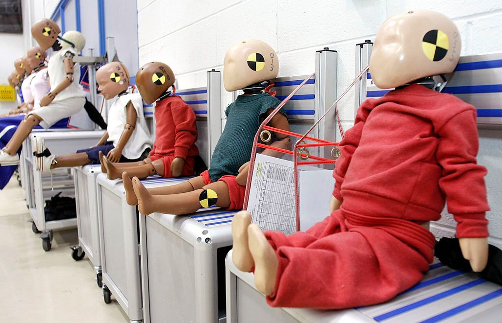 AUBURN HILLS-MI:  Crash-test dummies representing humans of various ages and body sizes are shown at Takata's (TK Holdings Inc.) crash-testing facility August 19, 2010 in Auburn Hills, Michigan. Today, Takata dedicated a new, high-tech 18,000 square-foot sled crash simulation facility that cost 