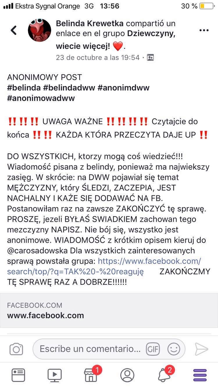 Screen posta, który wysłała nam Caro Sadowska 