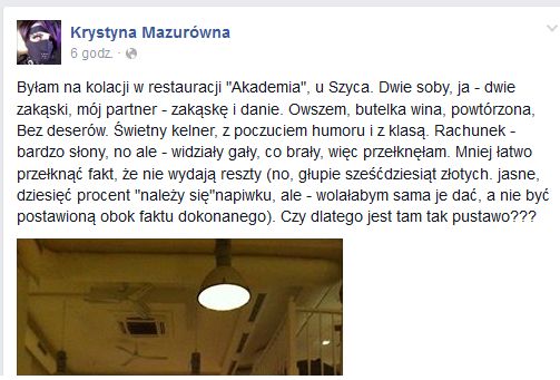 Krystyna Mazurówna o knajpie Szyca
Fotografia: Facebook.pl