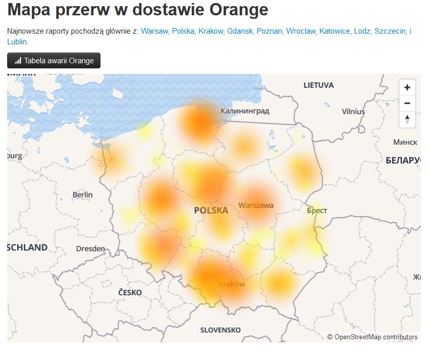 Mapa przerw w dostawie internetu Orange 