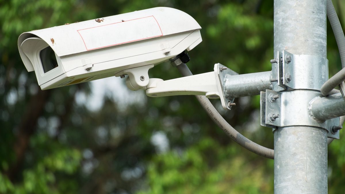 Security CCTV camera at pole in the park.