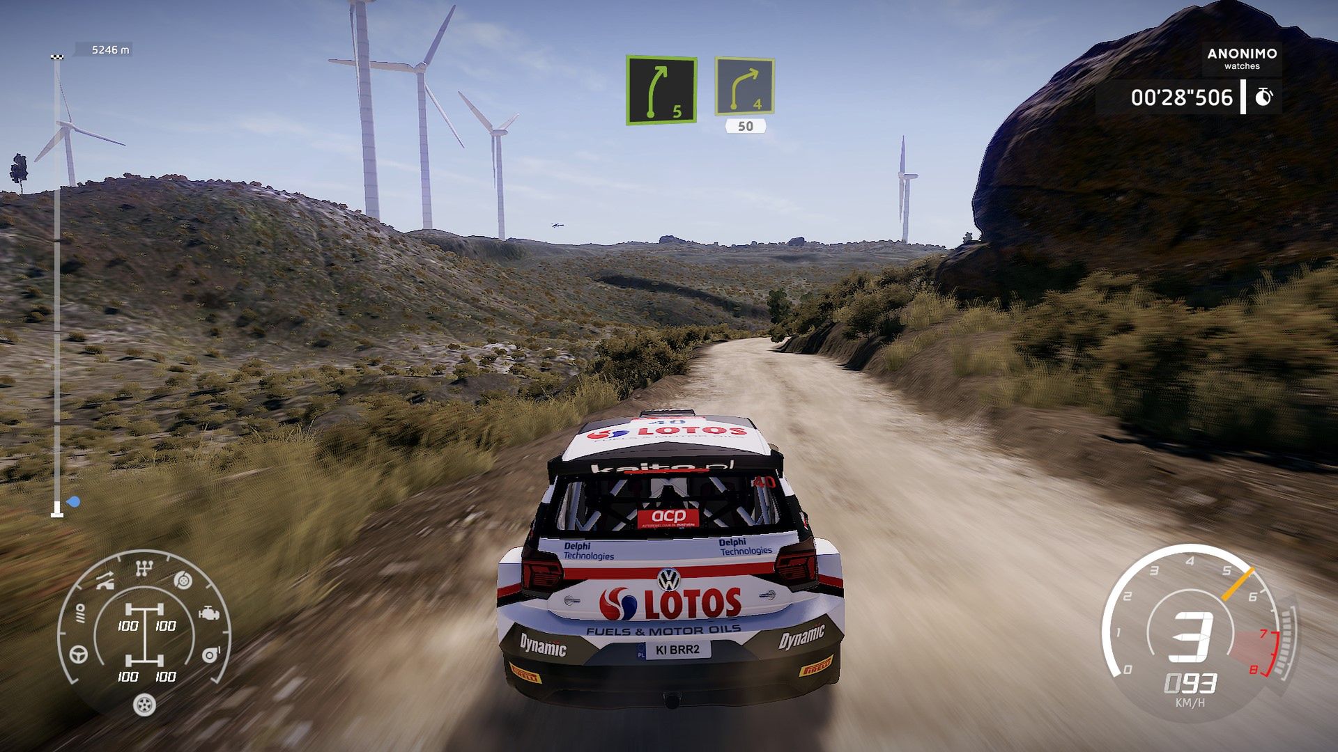 WRC 8. Tradycyjnie widok zza samochodu niezbyt polecany przy bardziej symulacyjnej jeździe bez asyst - nie do końca wiemy, jak jedzie samochód. 