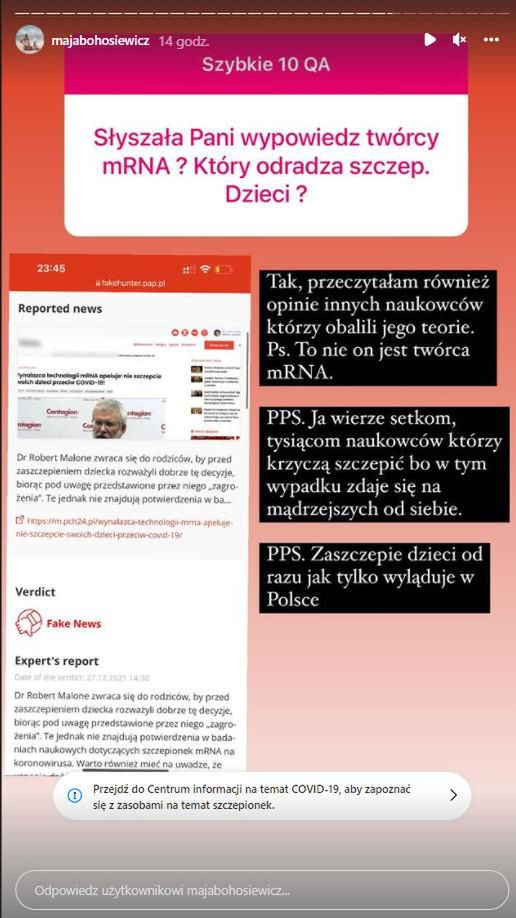 Maja Bohosiewicz odpowiada na pytanie dotyczące szczepień