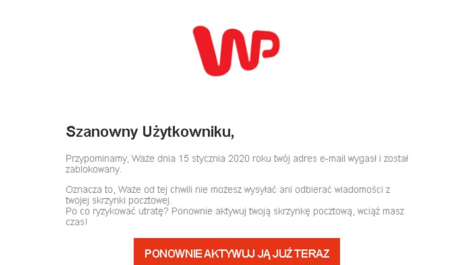 Wiadomość podszywająca się pod Wirtualną Polskę