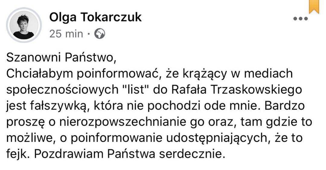 Olga Tokarczuk reaguje na doniesienia o liście