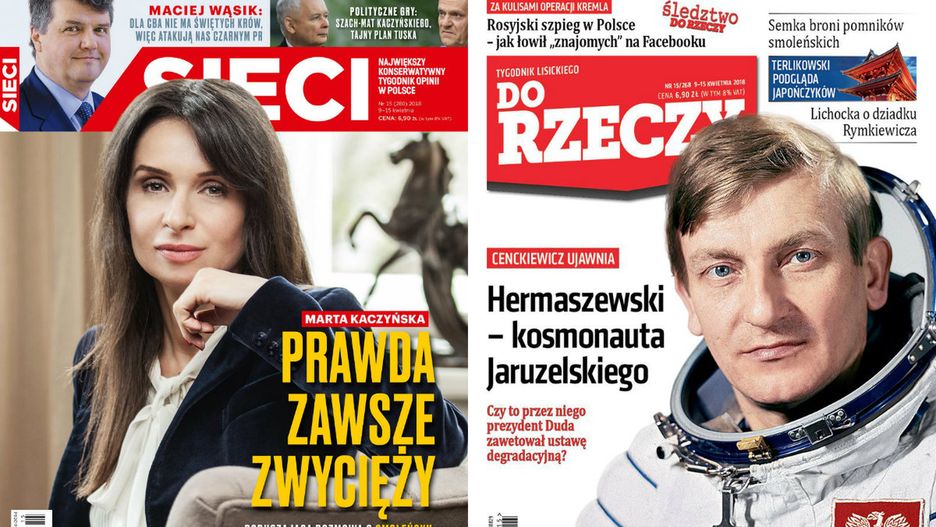 Okładki nowych numerów "Sieci" oraz "Do Rzeczy" z Martą Kaczyńską i Mirosławem Hermaszewskim.