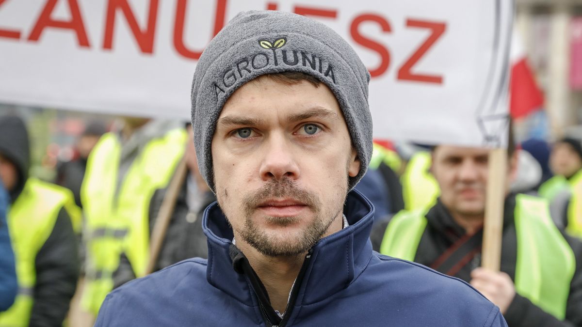 Michał Kołodziejczak podczas protestu Agrounii w Warszawie.