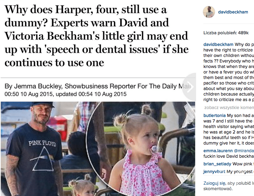 David Beckham odpowiada Daily Mail na zdjęcia Harper Beckham ze smoczkiem