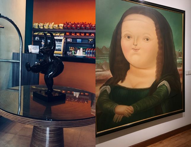 Figurka w hotelowym lobby oraz Mona Lisa według Botero. 