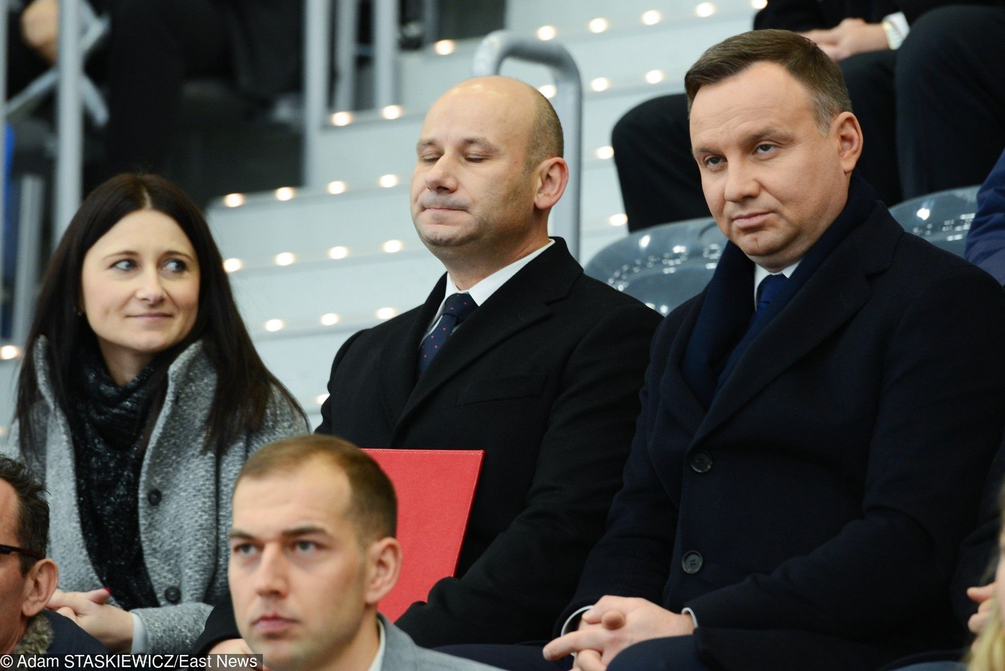 Magdalena Witko, jej mąż Marcin Witko i prezydent Andrzej Duda na otwarciu Areny Lodowej w Tomaszowie Mazowieckim w 2017 r. 