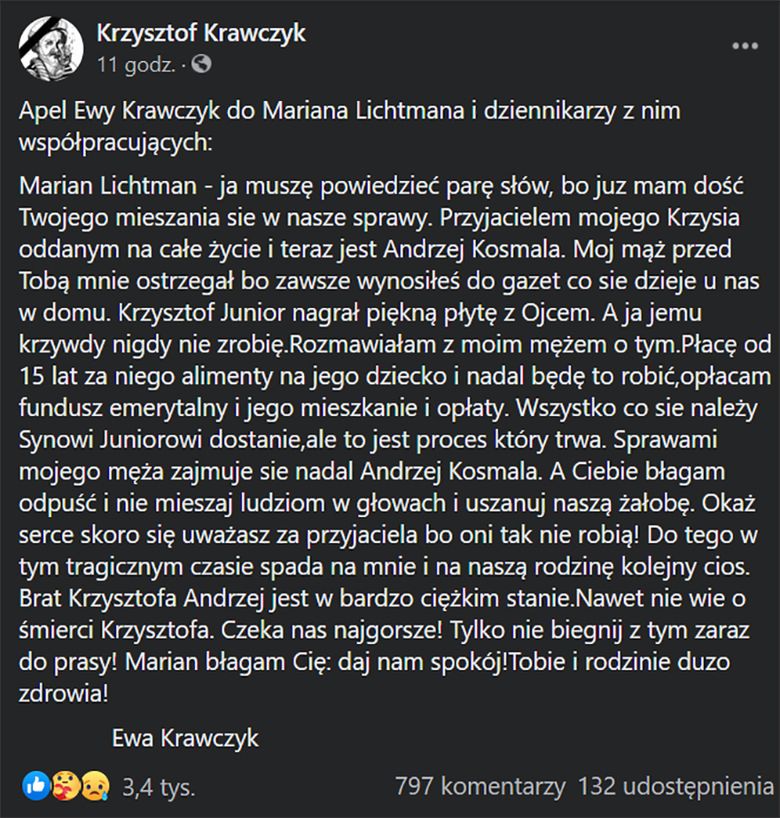 Ewa Krawczyk apeluje do Mariana Lichtmana