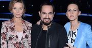 Jury Mam talent: Agnieszka Chylińska w rockowej stylizacji, Małgorzata Foremniak w kwiecistym garniturze i Agustin Egurrola w czerni