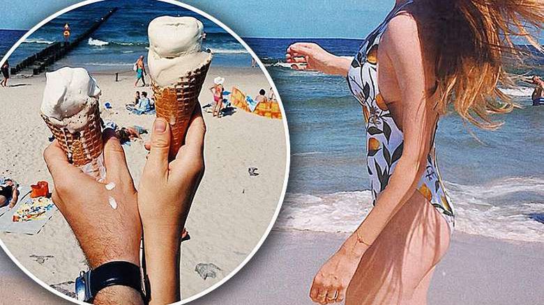 Magdalena Lamparska w stroju kąpielowym na plaży