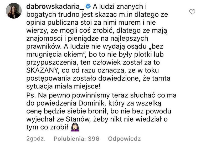 Daria Dąbrowska komentuje słowa Michała Piróga