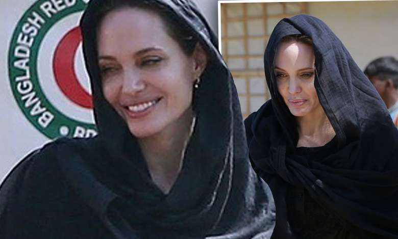 Niepokojąco chuda Angelina Jolie w Bangladeszu. Ubrała się cała na czarno mimo upału!