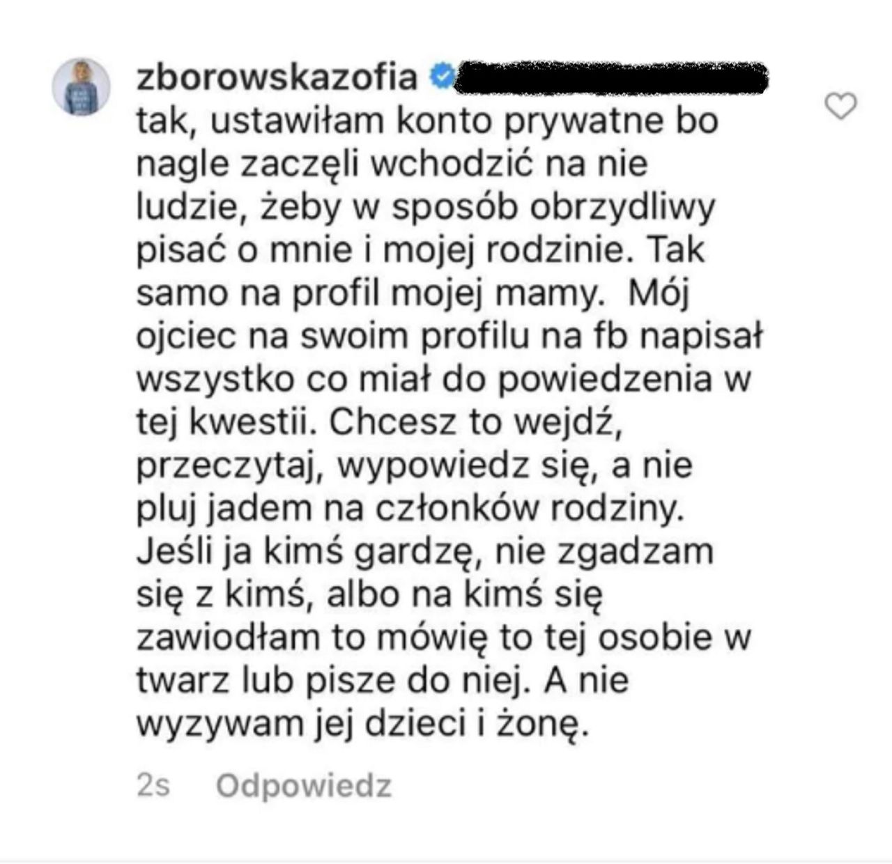 Zofia Zborowska zablokowało konto na ig