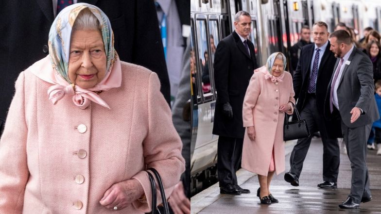 Królowa Elżbieta II cała na różowo rozpoczyna świąteczną przerwę na dworcu kolejowym w Norfolk
