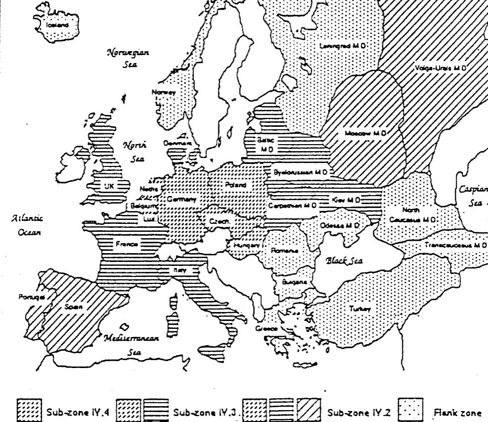 Mapa przedstawiająca podział Europy na grupy państw, objęte traktatem CFE