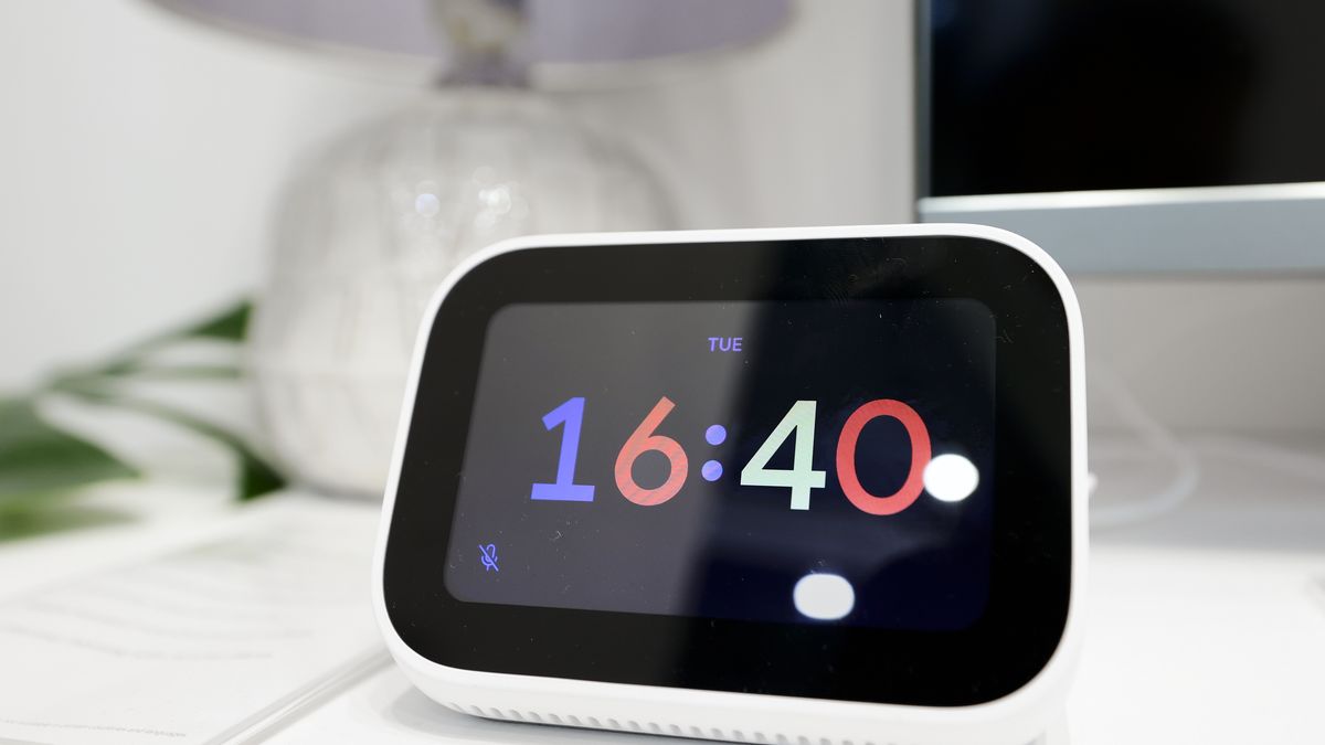 BARCELONA, SPAIN - MARCH 1: The Mi Smart Clock, a smart clock by Xiaomi that works as an artificial intelligence assistant with Google Assistant, as a speaker, and as a security device together with the Xiaomi Smart Camera c400, is being exhibited in the Xiaomi smart home display during the Mobile World Congress 2023 on March 2, 2023, in Barcelona, Spain. (Photo by Joan Cros/NurPhoto via Getty Images)
