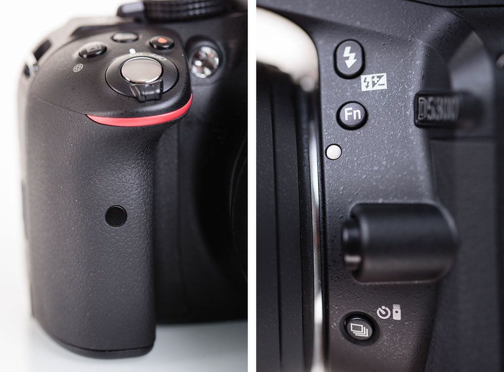 Po lewej: głęboki grip sprzyja pewnemu uchwytowi. Po prawej: dwa dedykowane przyciski (w tym Fn, który można samemu dostosować) zdecydowanie usprawniają obsługę Nikona D5300